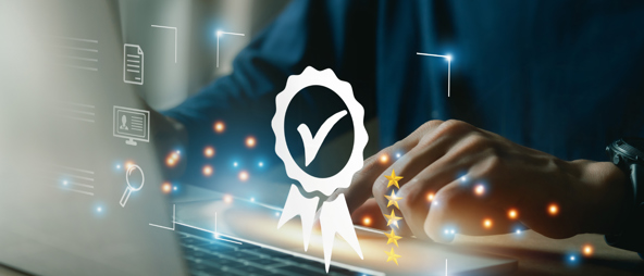 open laptop with a warranty symbol hovering above it